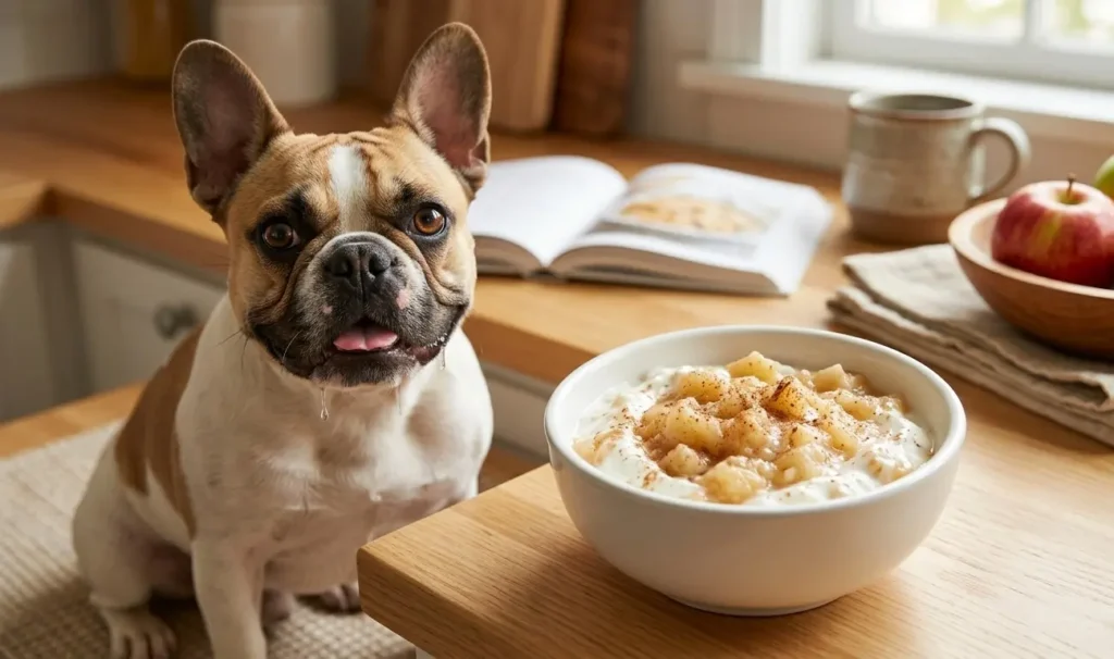 French Bulldog waiting for a bowl of apple mash and Greek yogurt treat