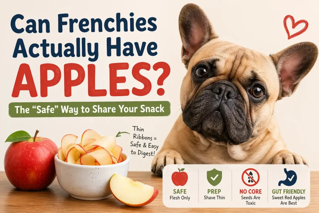 Can French Bulldogs eat apples? A safety guide for eating apples showing red apples, thin apple ribbons, and a warning about toxic seeds and cores.