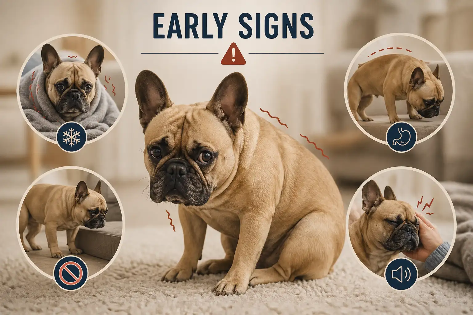 Infographic showing early signs of IVDD in French Bulldogs including shivering and arched back