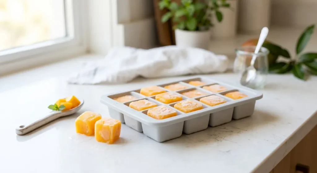 Frozen mango ice cubes in a gray silicone tray for cooling down a French Bulldog during summer.