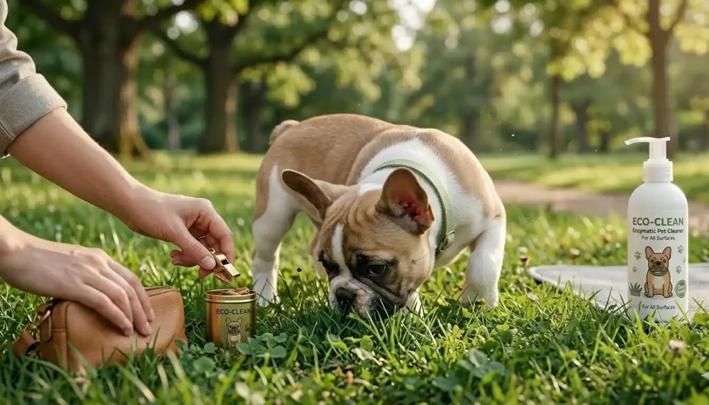 French Bulldog puppy being rewarded with treats next to an enzymatic cleaner bottle in a park