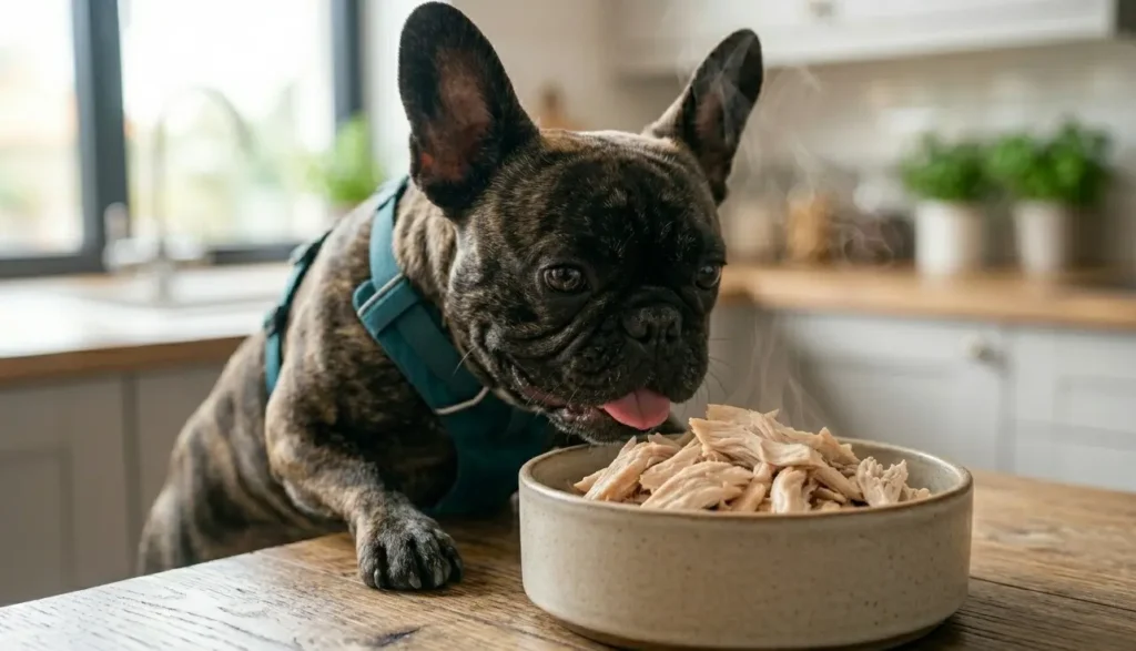 French bulldog eating boil shreded boneless chicken