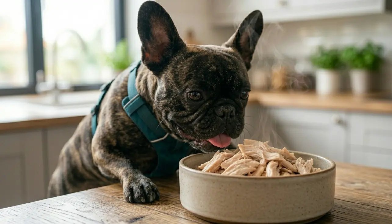 French Bulldog eating plain boiled chicken from a bowl