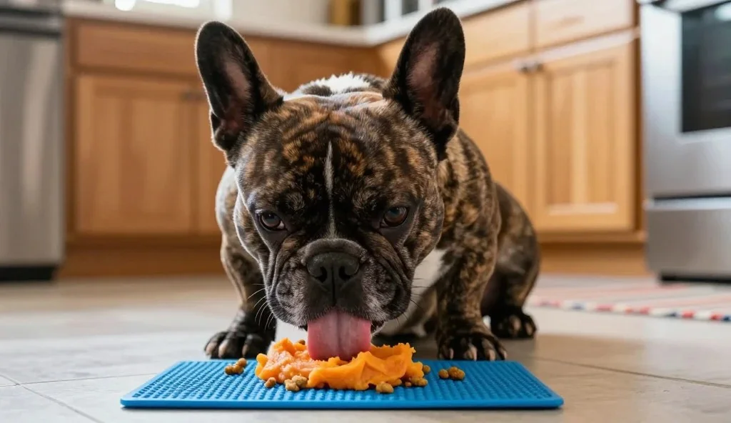 A brindle French Bulldog licking mashed papaya from a blue silicone lick mat to prevent gas and bloating.