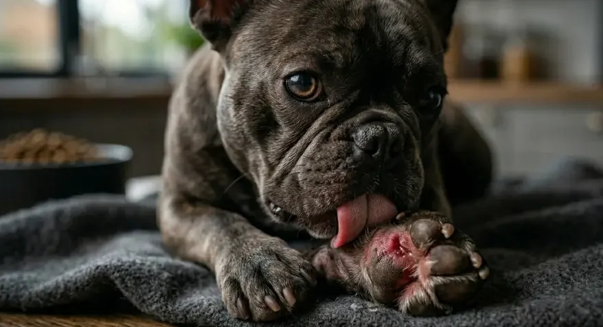 French Bulldog licking its paw due to allergy