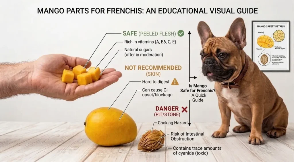 Educational visual guide showing safe and dangerous parts of mango for French Bulldogs.