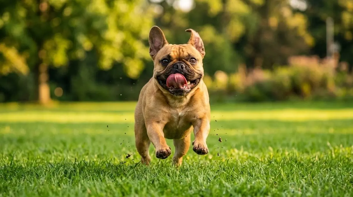 Happy French Bulldog running in the grass