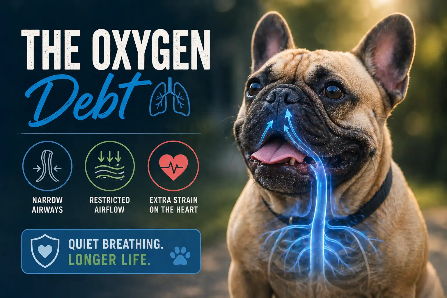Infographic of French Bulldog Oxygen Debt showing restricted airflow and heart strain.