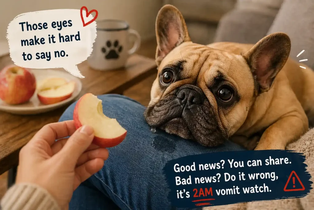Frenchie head resting on human knee, leaking a little drool on jeans while watching apple