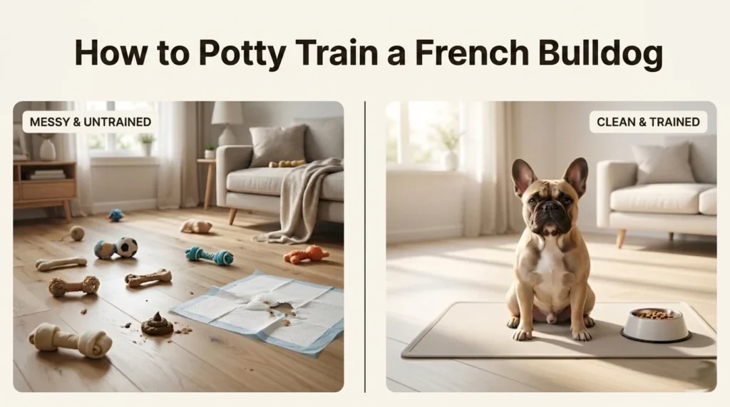 Side-by-side comparison of potty training a French Bulldog with text how to potty train a french bulldog