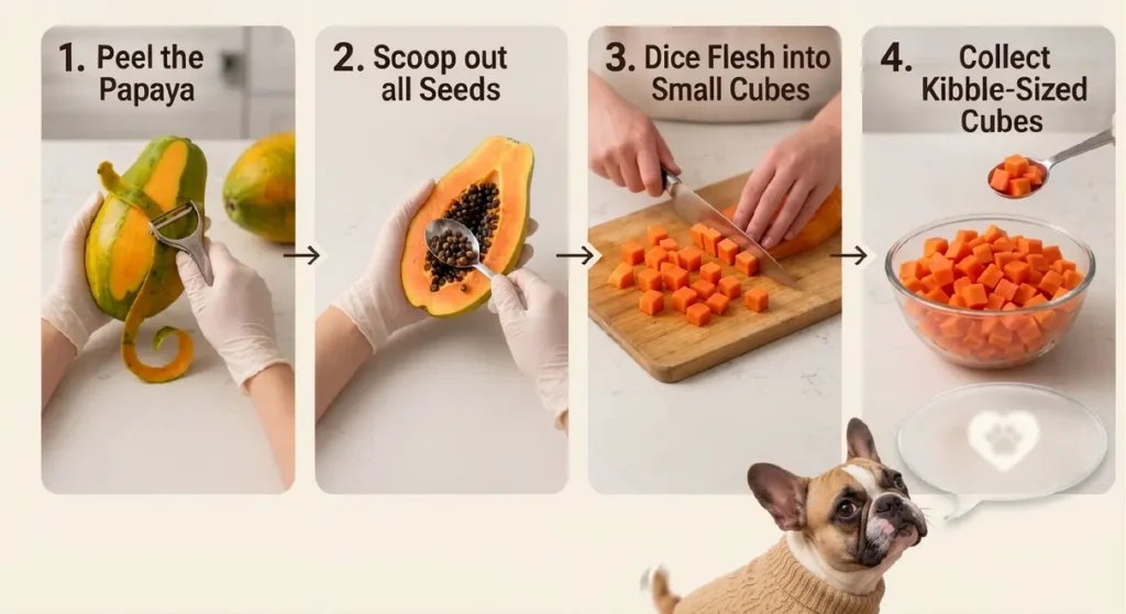  Infographic showing 4 steps to prepare papaya for dogs: peeling, removing seeds, dicing into cubes, and serving size.