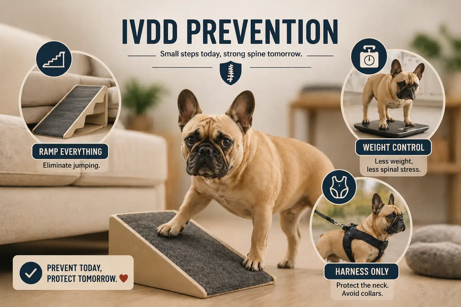 Infographic guide for French Bulldog IVDD prevention showing ramps, weight scales, and harnesses