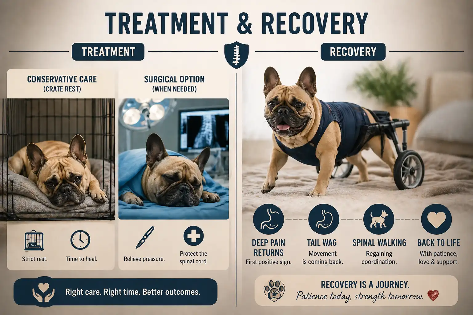 French Bulldog IVDD treatment and recovery infographic showing crate rest and surgery options