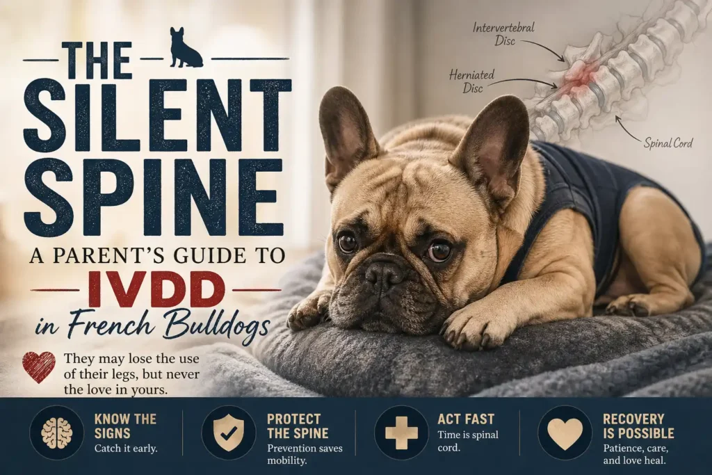 The Silent Spine: A comprehensive parent's guide to IVDD in French Bulldogs featuring a spinal anatomy diagram of a herniated disc and a Frenchie in a recovery vest.