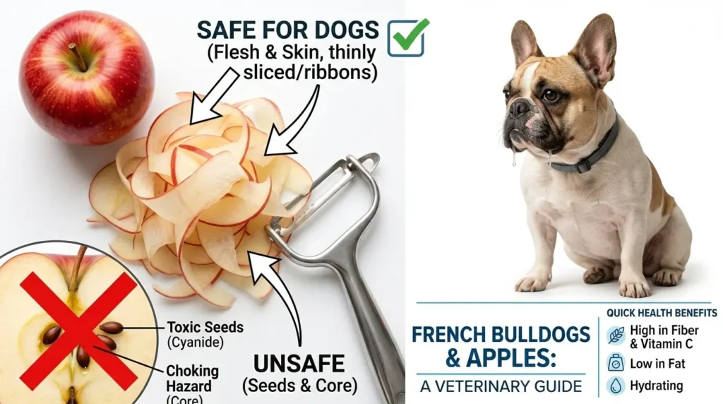Infographic showing safe apple ribbons vs unsafe apple core for French Bulldogs