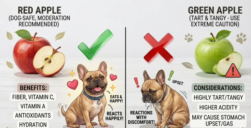 Comparison infographic of Red vs Green apples for French Bulldogs showing safety and acidity risks
