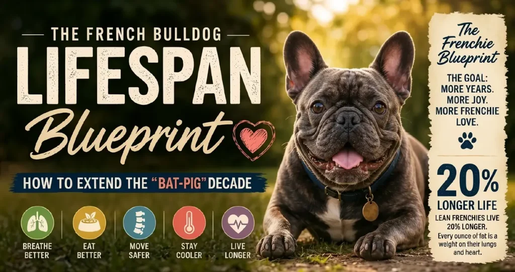 French Bulldog Lifespan Blueprint guide, showing a healthy Frenchie and icons for airway health, diet, mobility, and temperature regulation.
