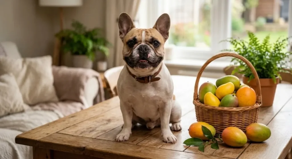 A French Bulldog sitting on a table next to a basket of fresh mangoes