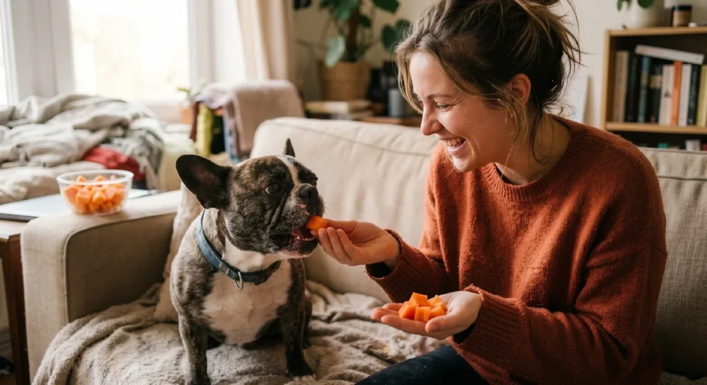 French Bulldog eating fresh papaya cubes from owner's hand.