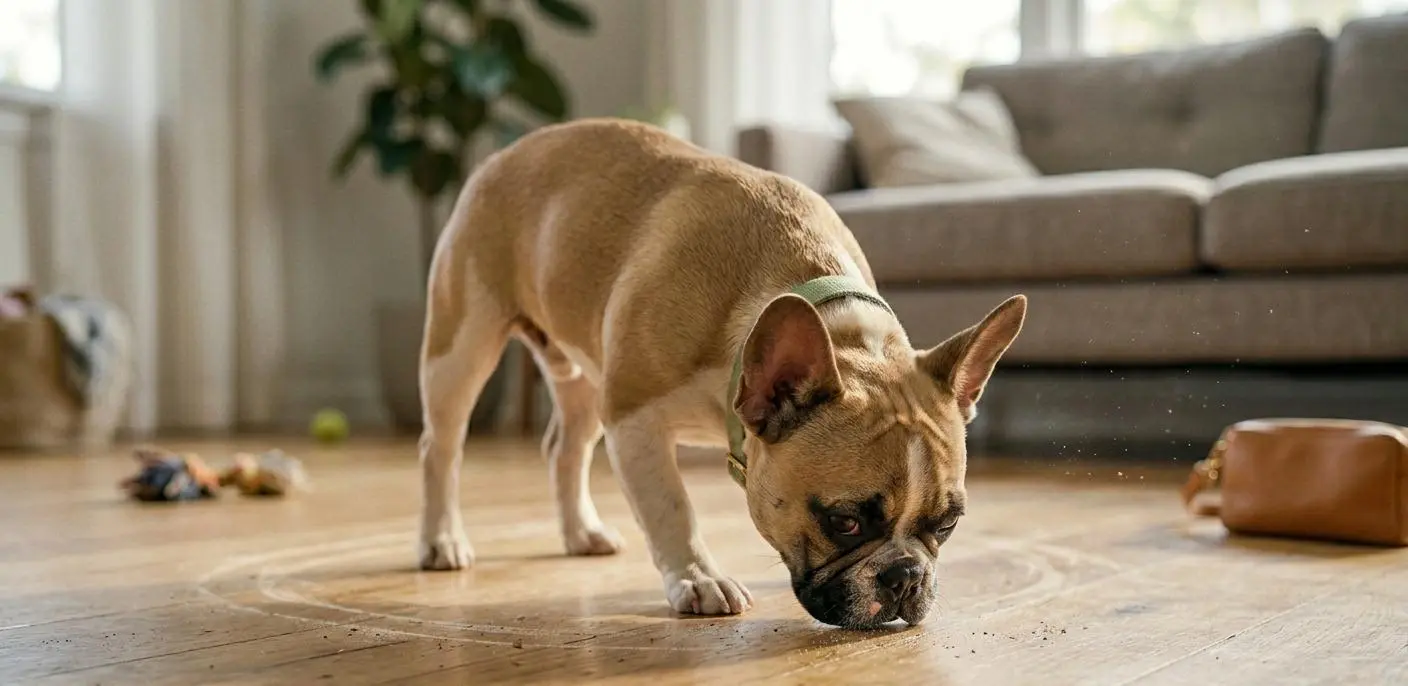French Bulldog sniffing floor
