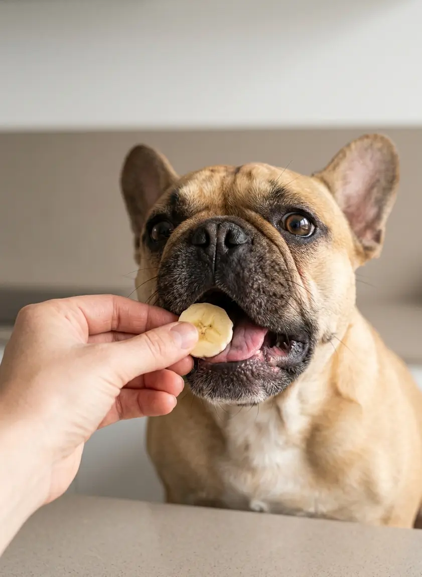 Dog eating banana