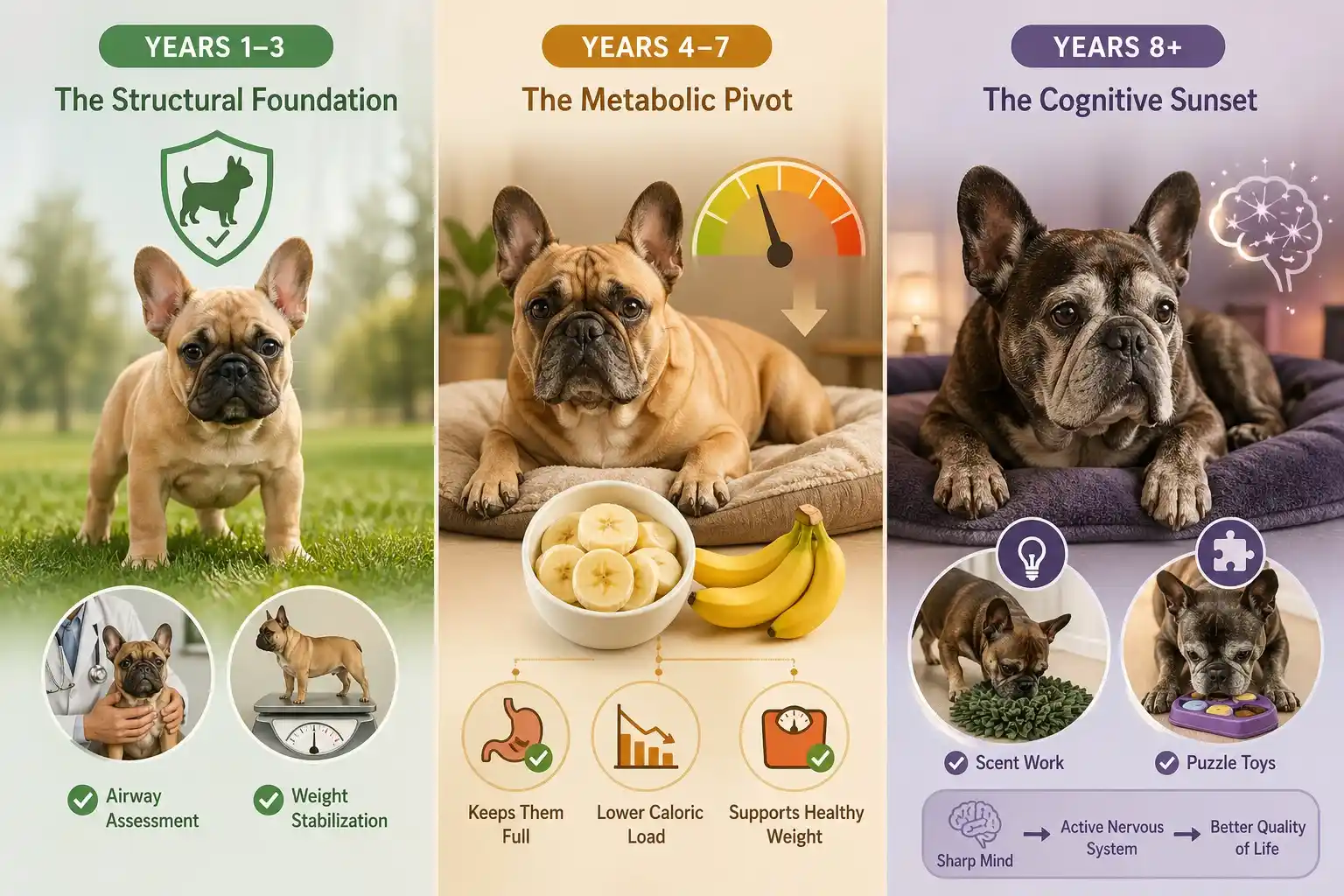 French Bulldog age chart showing care stages from years 1 to 8 plus.