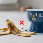 A banana peel on the floor next to a blue French Bulldog bowl with a red X mark