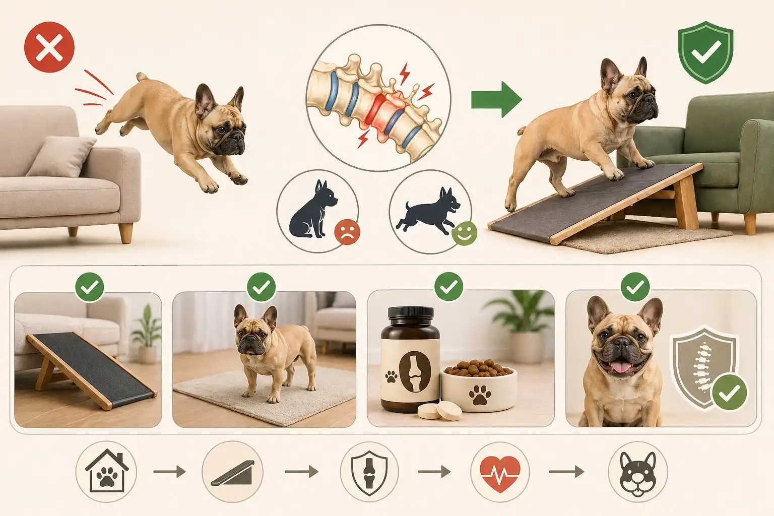 Infographic showing the danger of French Bulldogs jumping off furniture vs the safety of using a ramp for spine health.