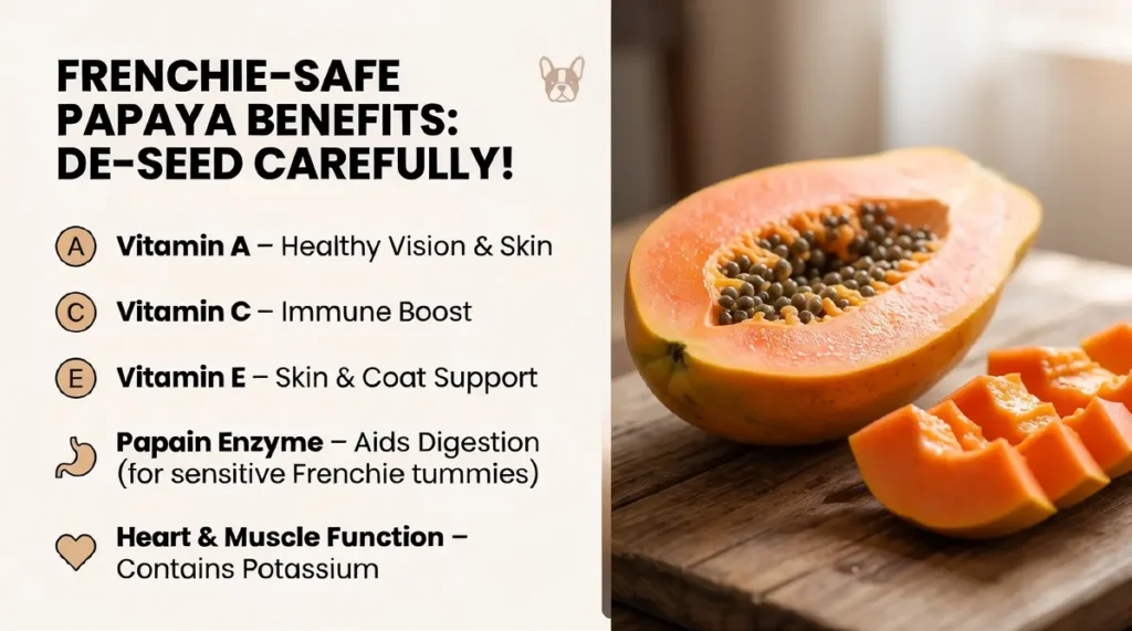 Infographic of Frenchie-safe papaya benefits showing Vitamin A, C, E, Papain enzyme, and Potassium.