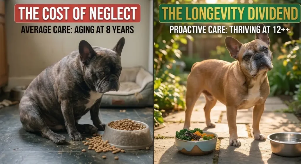 Split-screen comparison showing a French Bulldog with signs of aging at 8 years under average care versus a healthy, thriving Frenchie at 12 years with proactive care