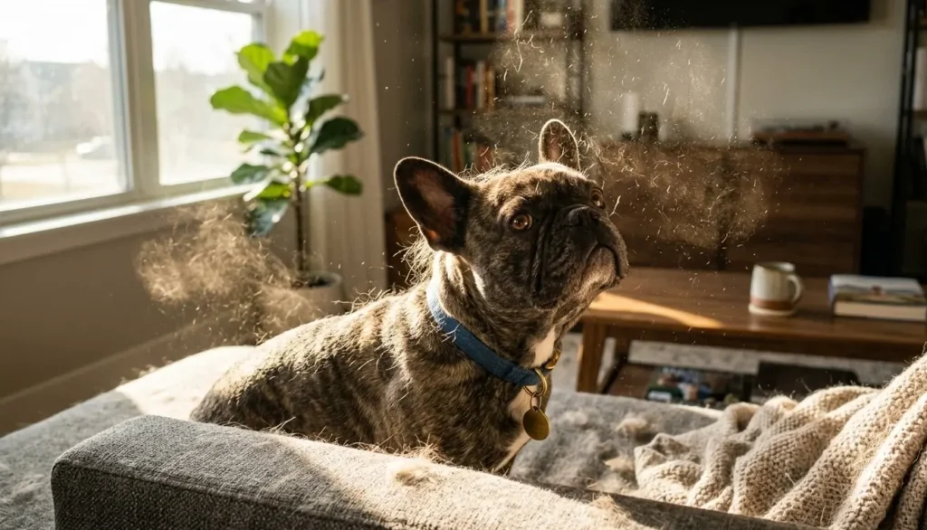 Brindle French Bulldog shedding hair on a sofa in a sunny living room