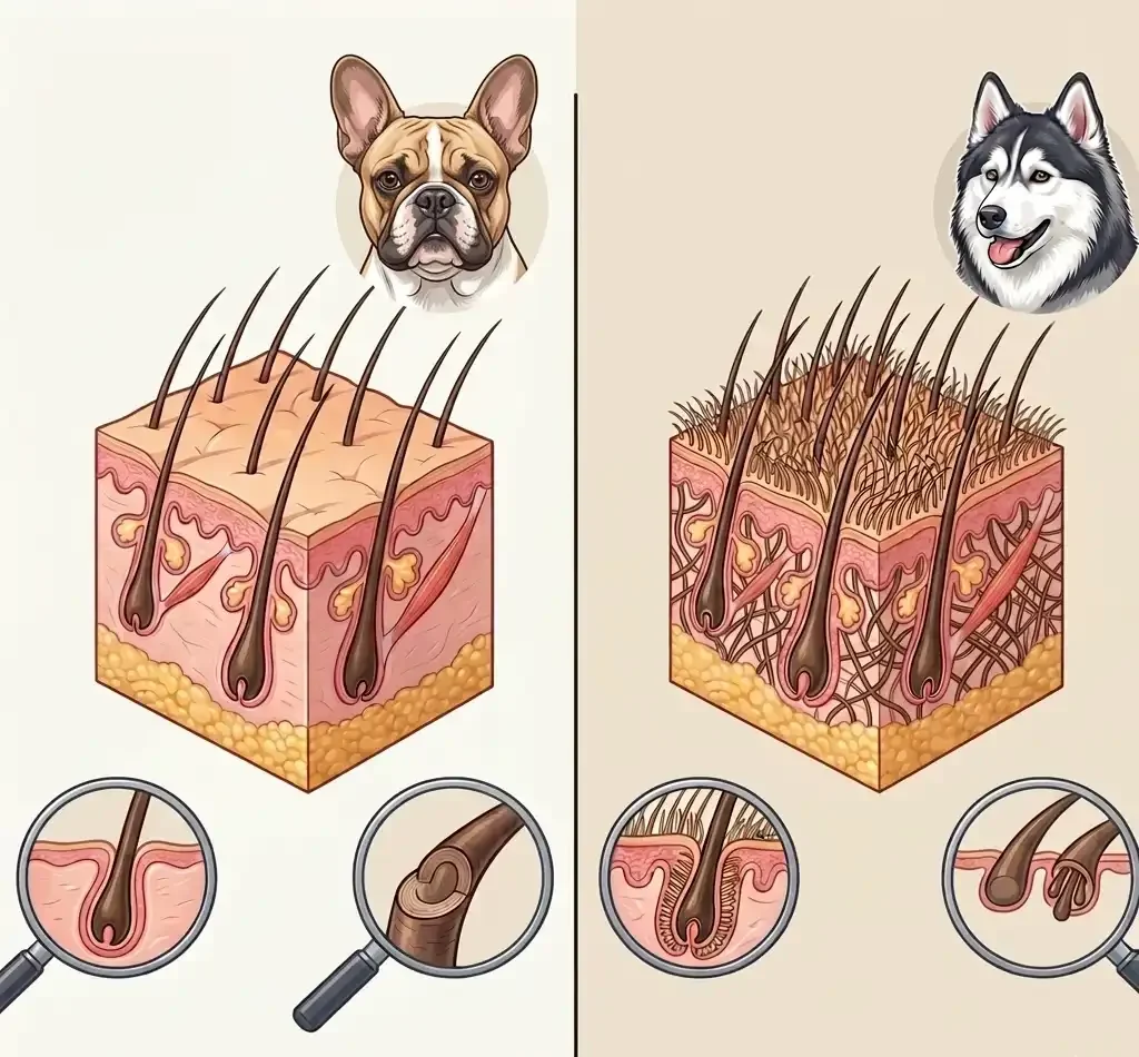 Scientific comparison of single coat versus double coat dog fur follicle structure