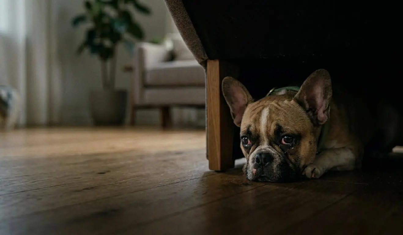 Frenchie hiding under furniture