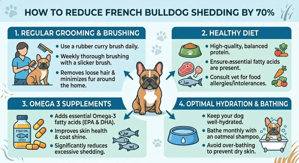 Infographic showing 4 steps to reduce French Bulldog shedding by 70 percent including grooming, diet, and Omega-3 supplements