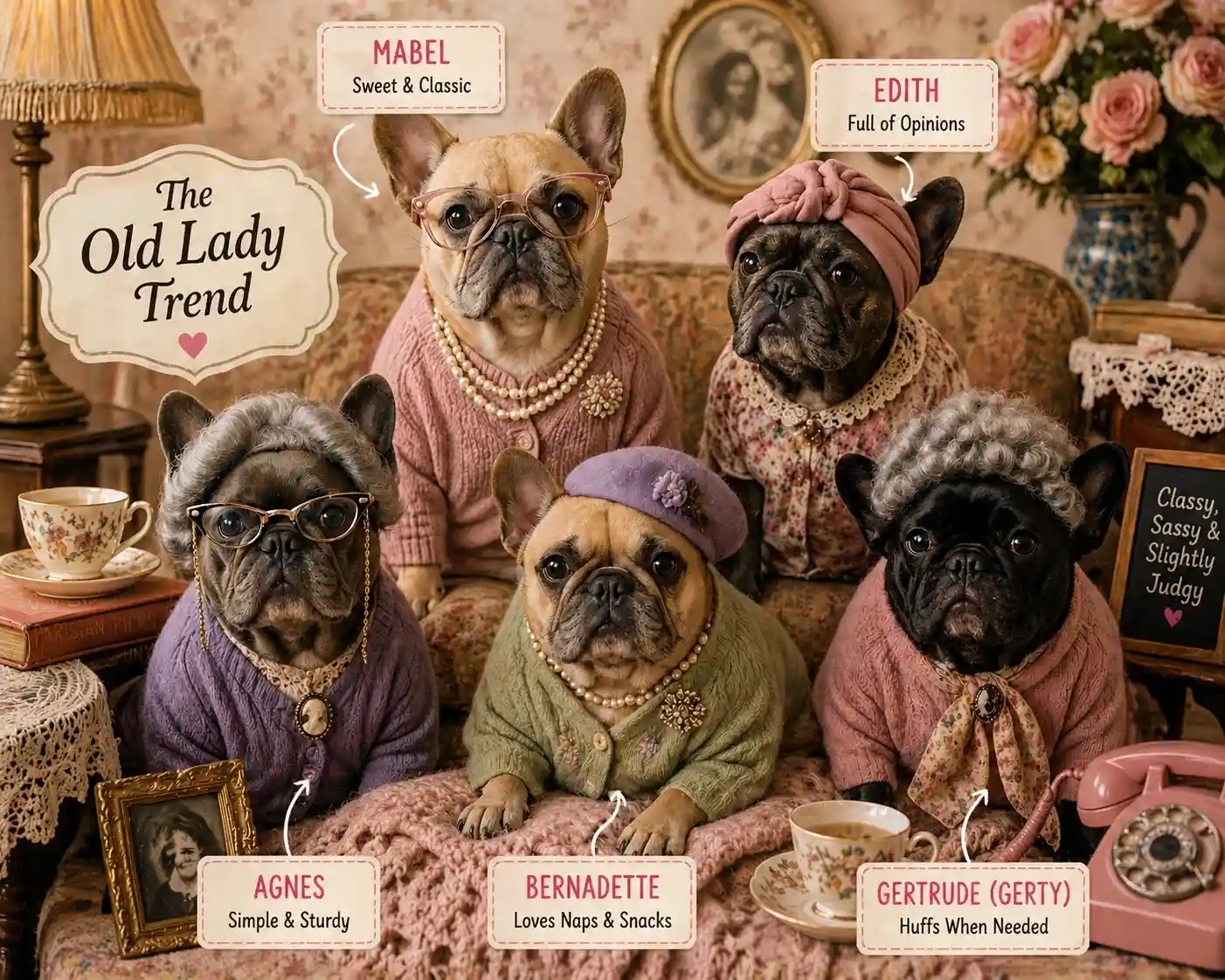 Old Lady French Bulldog Names - Edith, Mabel, Pearl, Helen, and Judith