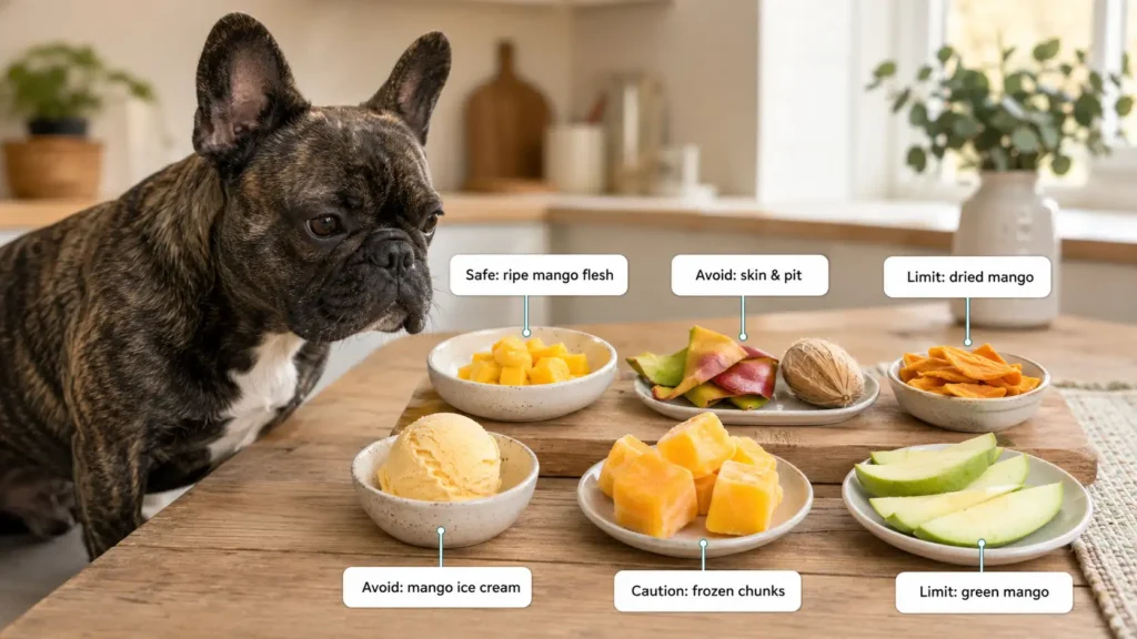 Safe and unsafe mango foods for Frenchies, including ripe mango flesh, mango skin, pit, dried mango, mango ice cream, frozen chunks, and green mango