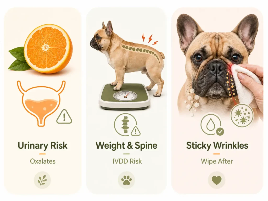 Three hidden orange-related risks for French Bulldogs: urinary risk from oxalates, weight and spine strain, and sticky wrinkles that should be wiped after citrus