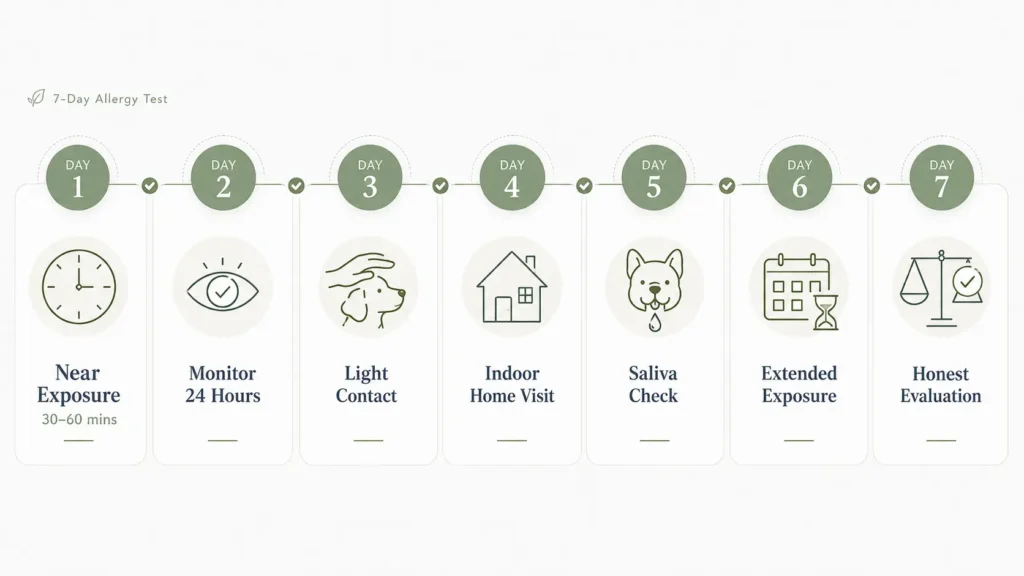 Seven-day allergy test timeline for Frenchie owners showing near exposure, symptom monitoring, light contact, home visit, saliva check, extended exposure, and honest evaluation.