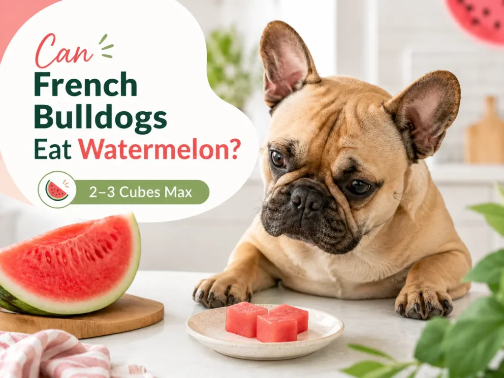 “Can French Bulldogs eat watermelon featured image showing 2–3 cube serving limit”