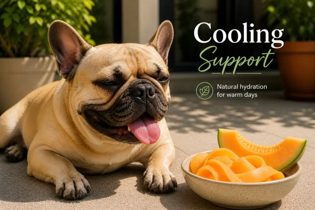 french bulldog relaxing in warm weather with cantaloupe as a cooling and hydration snack.