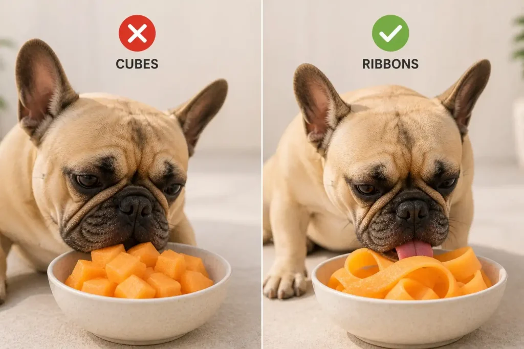 comparison of cantaloupe cubes and ribbons for french bulldogs showing safer feeding method