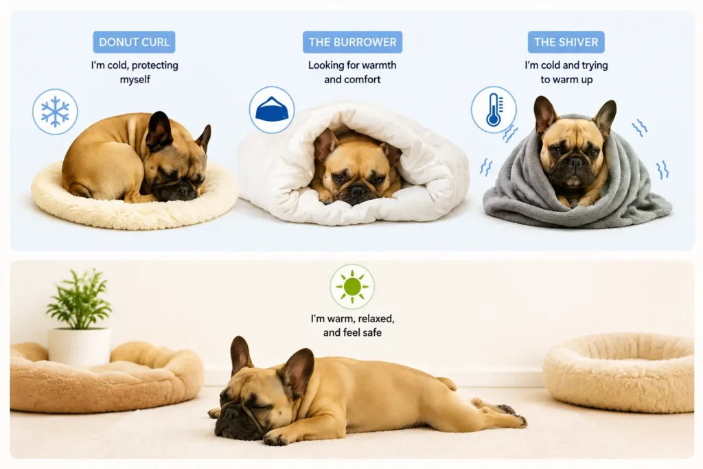 Infographic showing three French Bulldog body language signals: Donut Curl, Burrower, and Shiver, with a sun emoji at the bottom indicating warmth and relaxation.