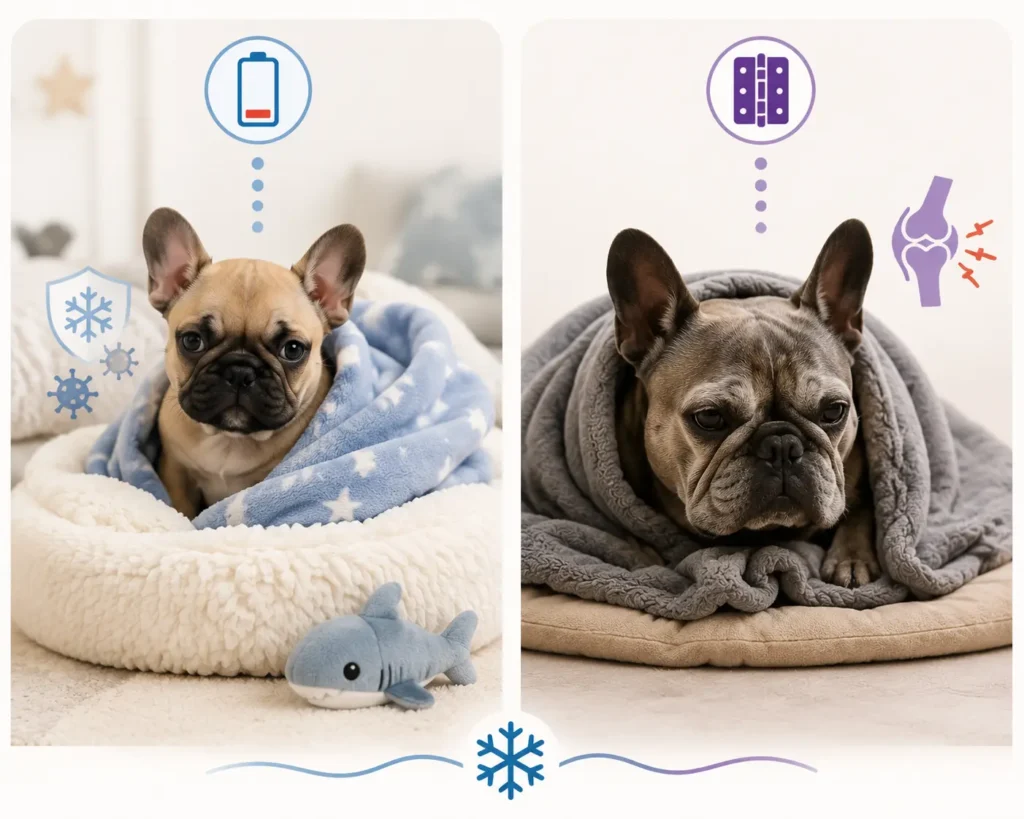Infographic comparing the cold vulnerability of French Bulldog puppies and seniors. The left side shows a puppy with icons indicating low fat and immune system concerns, while the right side depicts a senior dog with joint discomfort and cold sensitivity.