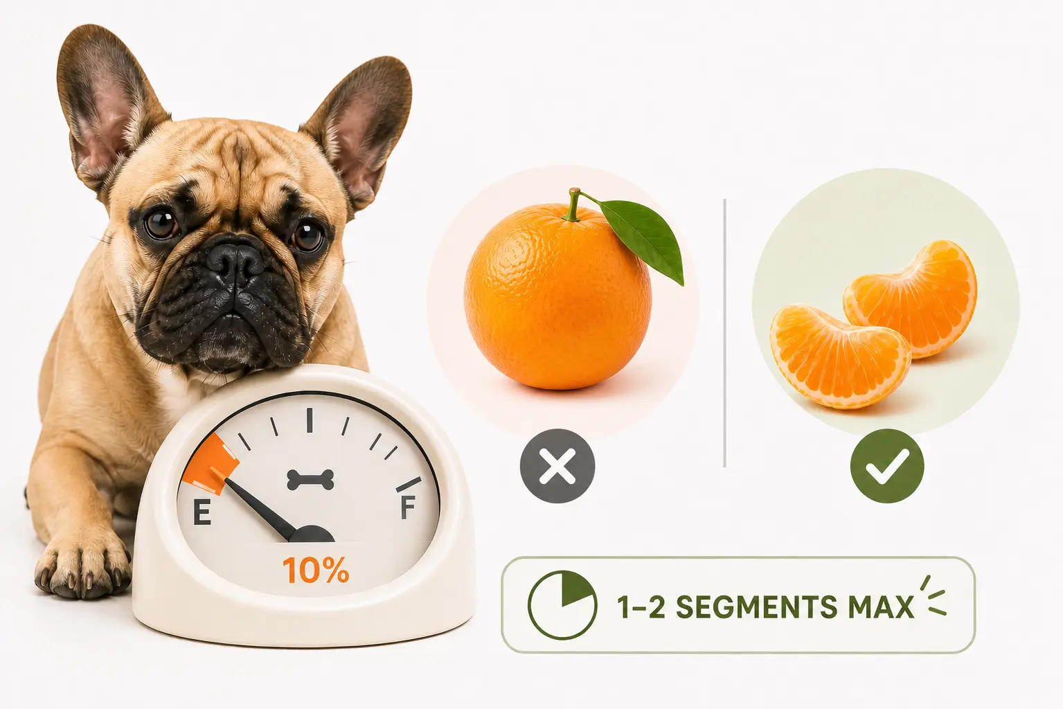 Visual guide showing a French Bulldog with a 10 percent calorie gauge, a whole orange (incorrect), and 1-2 segments (correct)