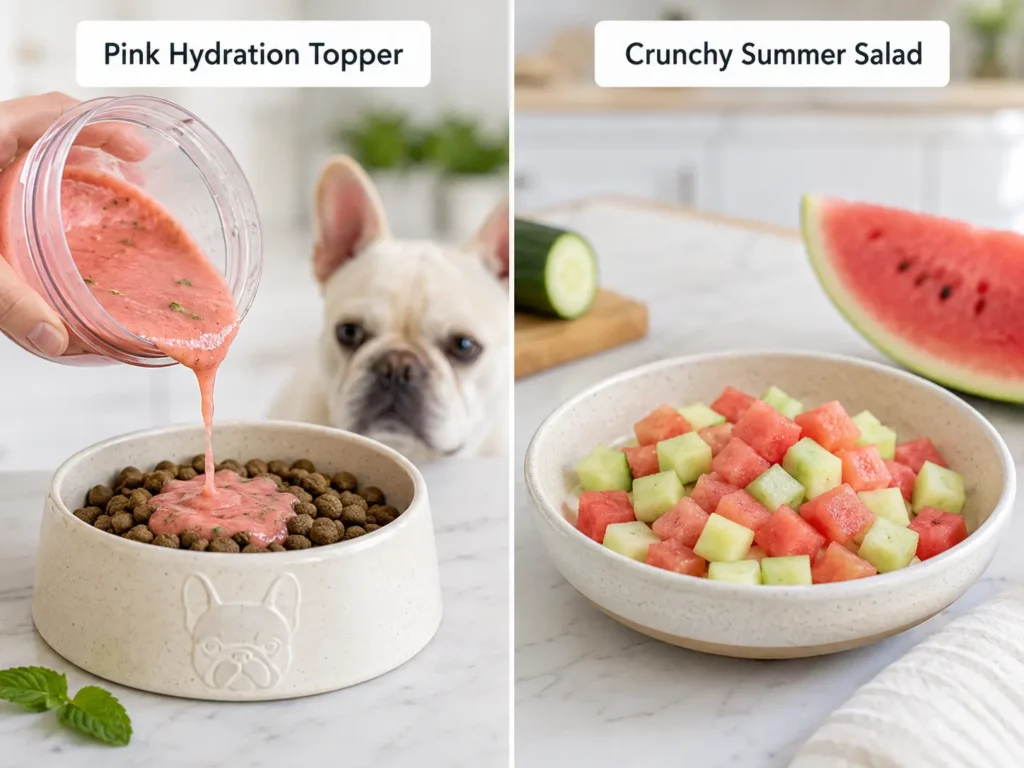 French Bulldog two safe watermelon recipes: small seedless cubes for hydration and diced watermelon mixed with cucumber.