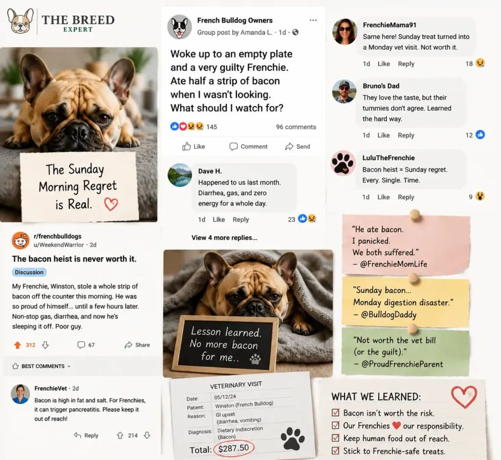 Social media collage illustrating the Frenchie community’s 'Sunday Morning Regret' after a bacon heist. Includes user comments and photos highlighting the consequences and community insights.