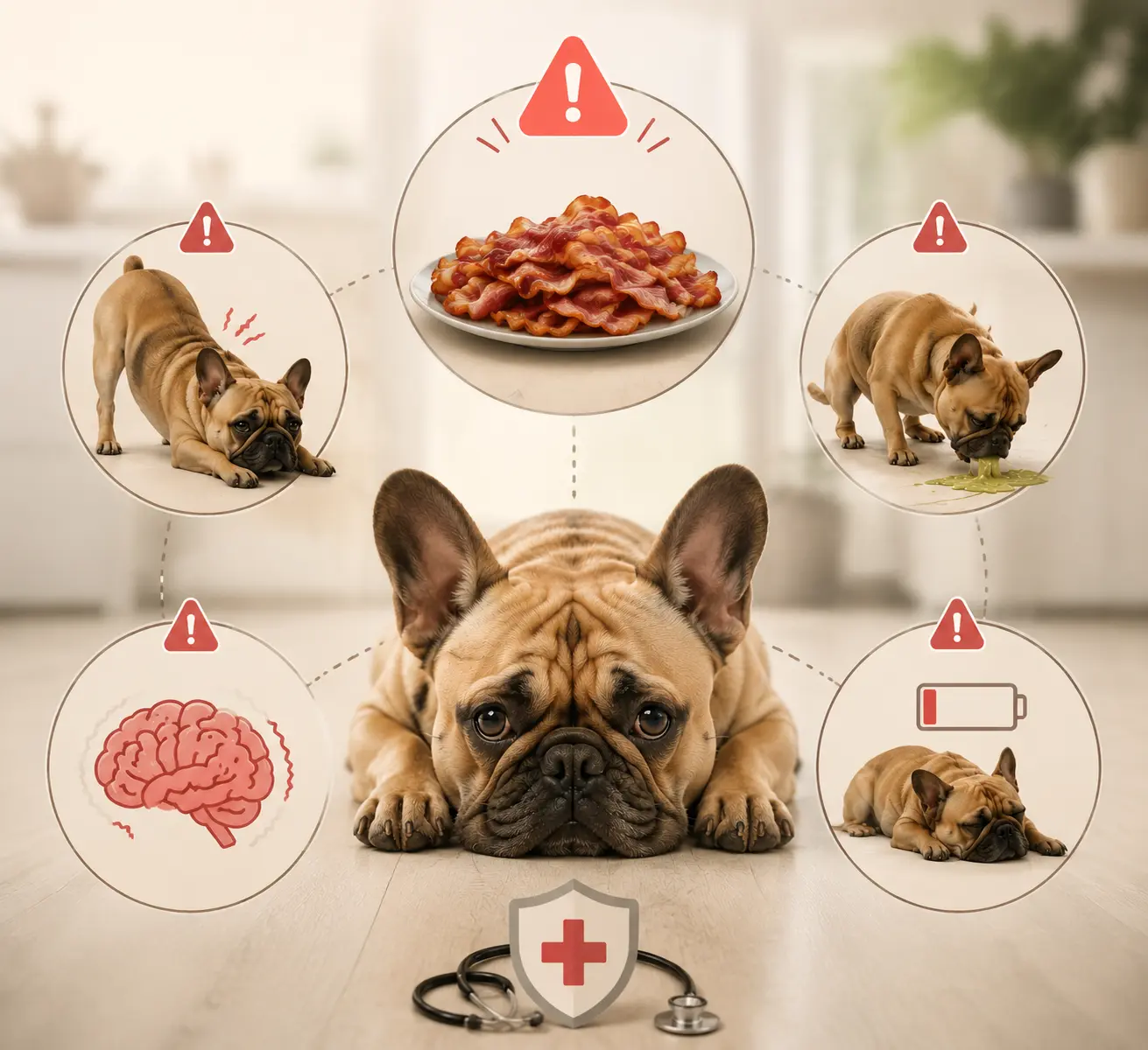 A fawn French Bulldog lying on a light wooden floor surrounded by warning symbols in circular panels. The icons represent symptoms like pain, vomiting, neurological issues, and fatigue, with a bowl of bacon and a medical symbol. The warm, neutral-toned background sets a soft, informative mood.