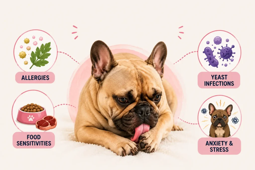 French Bulldog licking paw with common causes including environmental allergies, yeast infection, food sensitivities, and anxiety