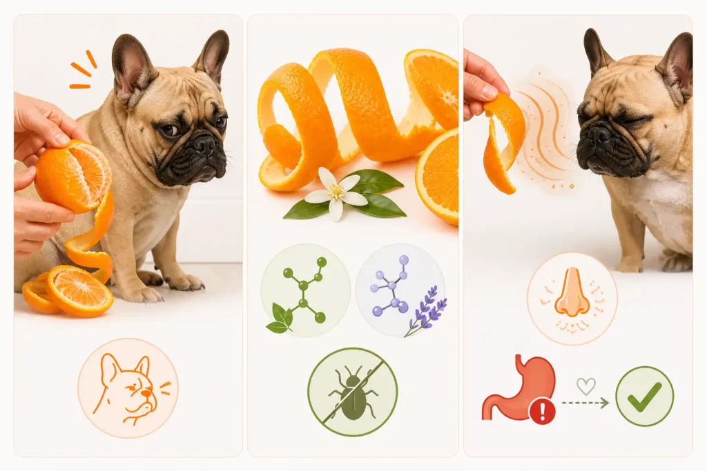 “French Bulldog turning away from orange peel due to strong citrus scent”
