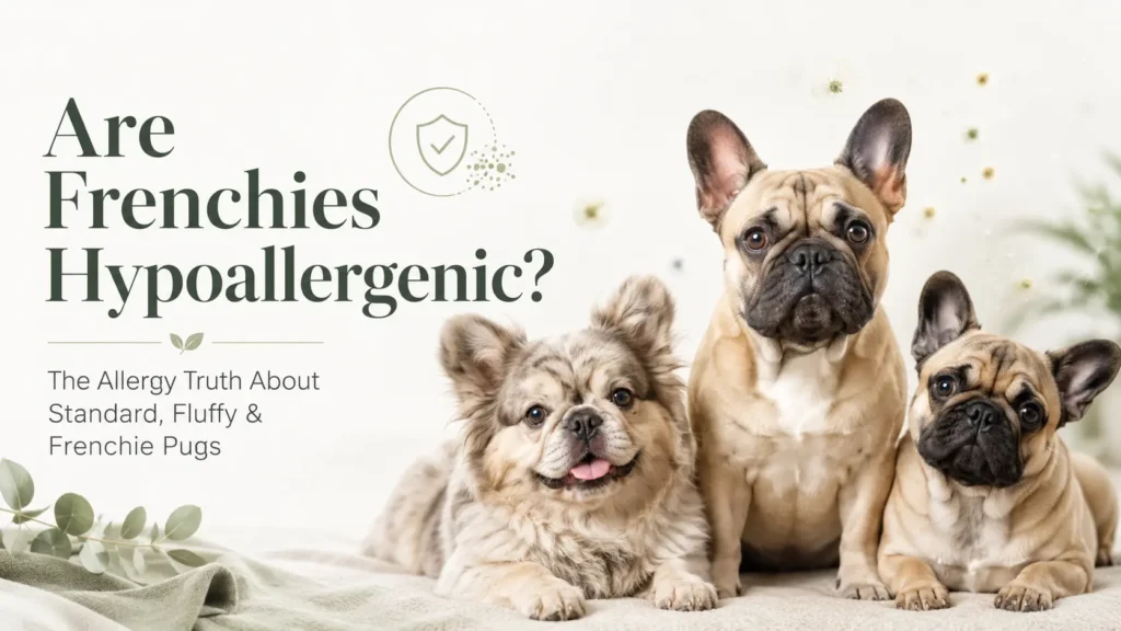 French Bulldogs and a fluffy Frenchie sitting indoors for an allergy guide about whether Frenchies are hypoallergenic.